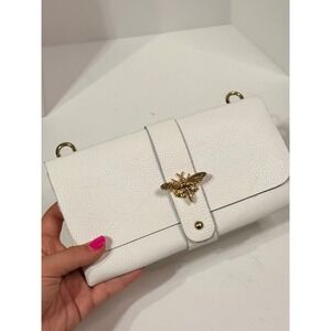 Vera Pelle Made In Italy White Leather Bee Clutch Crossbody Bag Gold Hardware